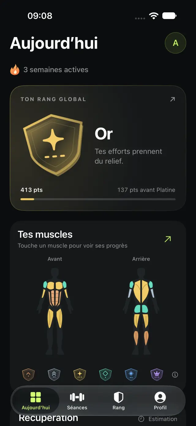 L’accueil d’Aven : rang global, progression par groupe musculaire et navigation entre les séances et le profil.