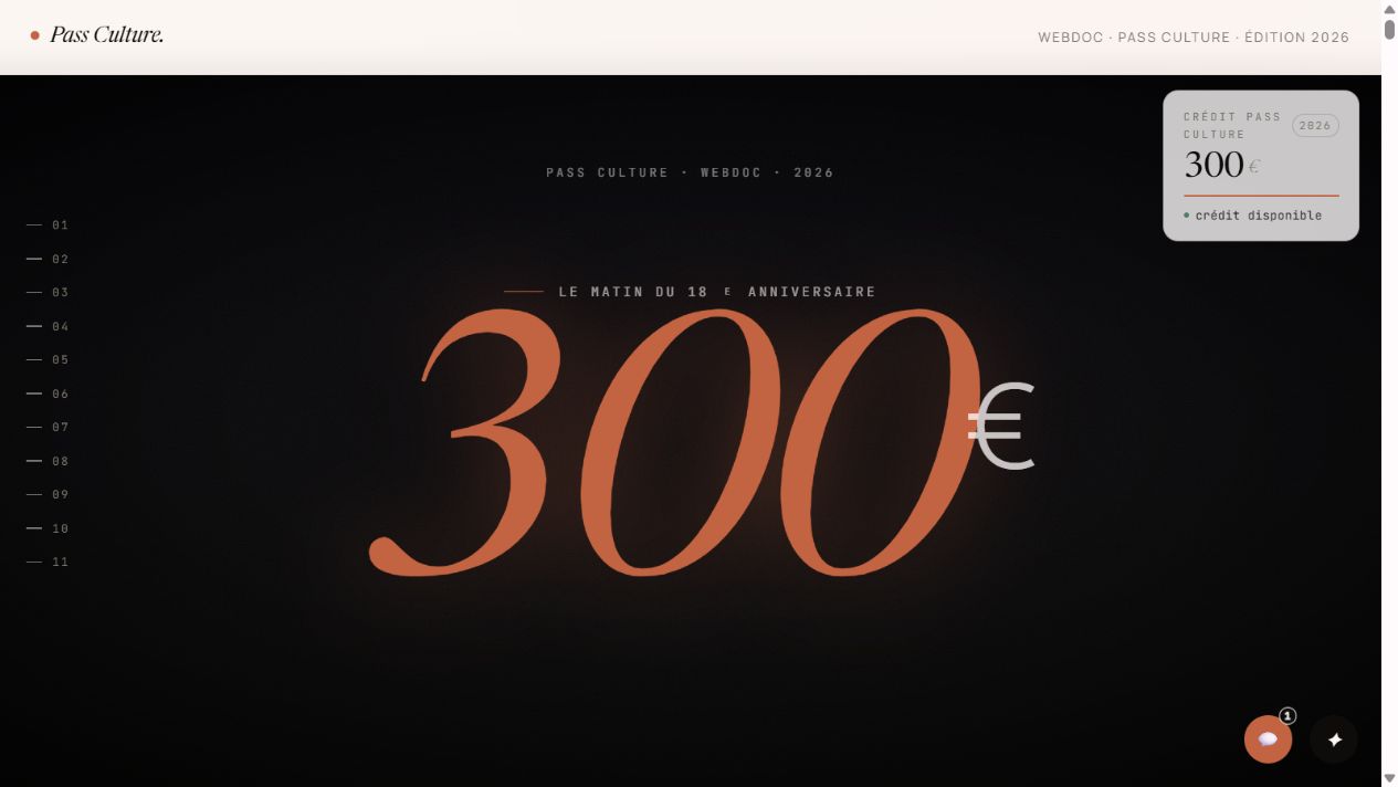 Aperçu du webdocumentaire universitaire sur le pass Culture, avec une ouverture autour du crédit culturel.
